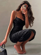 Women’s Black Satin Ruched Midi Dress – Sexy Bodycon Evening Gown with Plunging Neckline