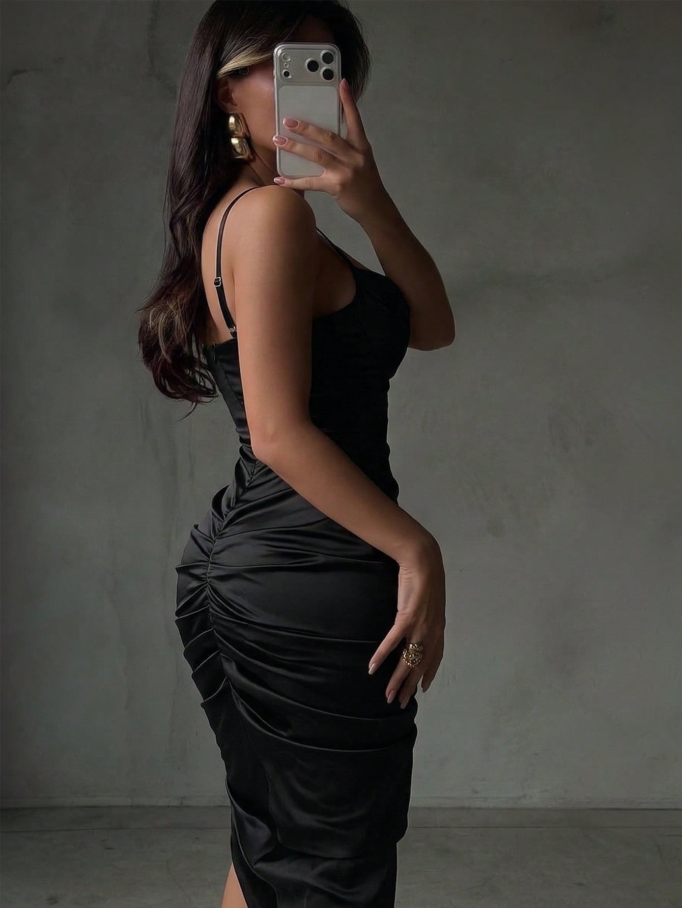 Women’s Black Satin Ruched Midi Dress – Sexy Bodycon Evening Gown with Plunging Neckline