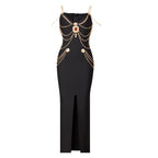 Women's Black Halter Chain Embellished Body-con Midi Dress with Thigh High Slit
