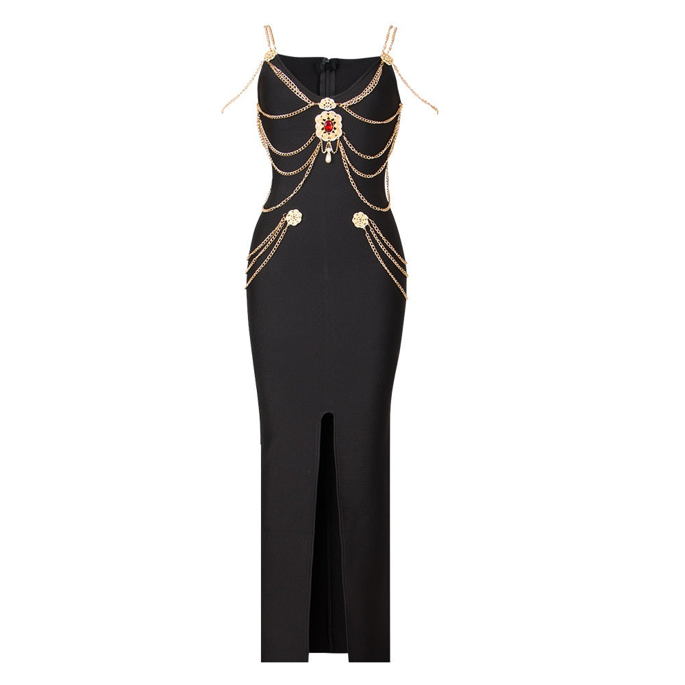 Women's Black Halter Chain Embellished Body-con Midi Dress with Thigh High Slit