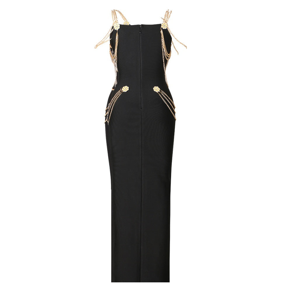 Women's Black Halter Chain Embellished Body-con Midi Dress with Thigh High Slit