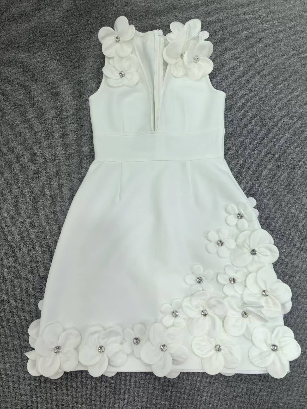 Women’s 3D Floral Embellished Bodycon Mini Dress with Rhinestone Details - Styeenigma