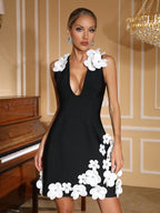Women’s 3D Floral Embellished Bodycon Mini Dress with Rhinestone Details