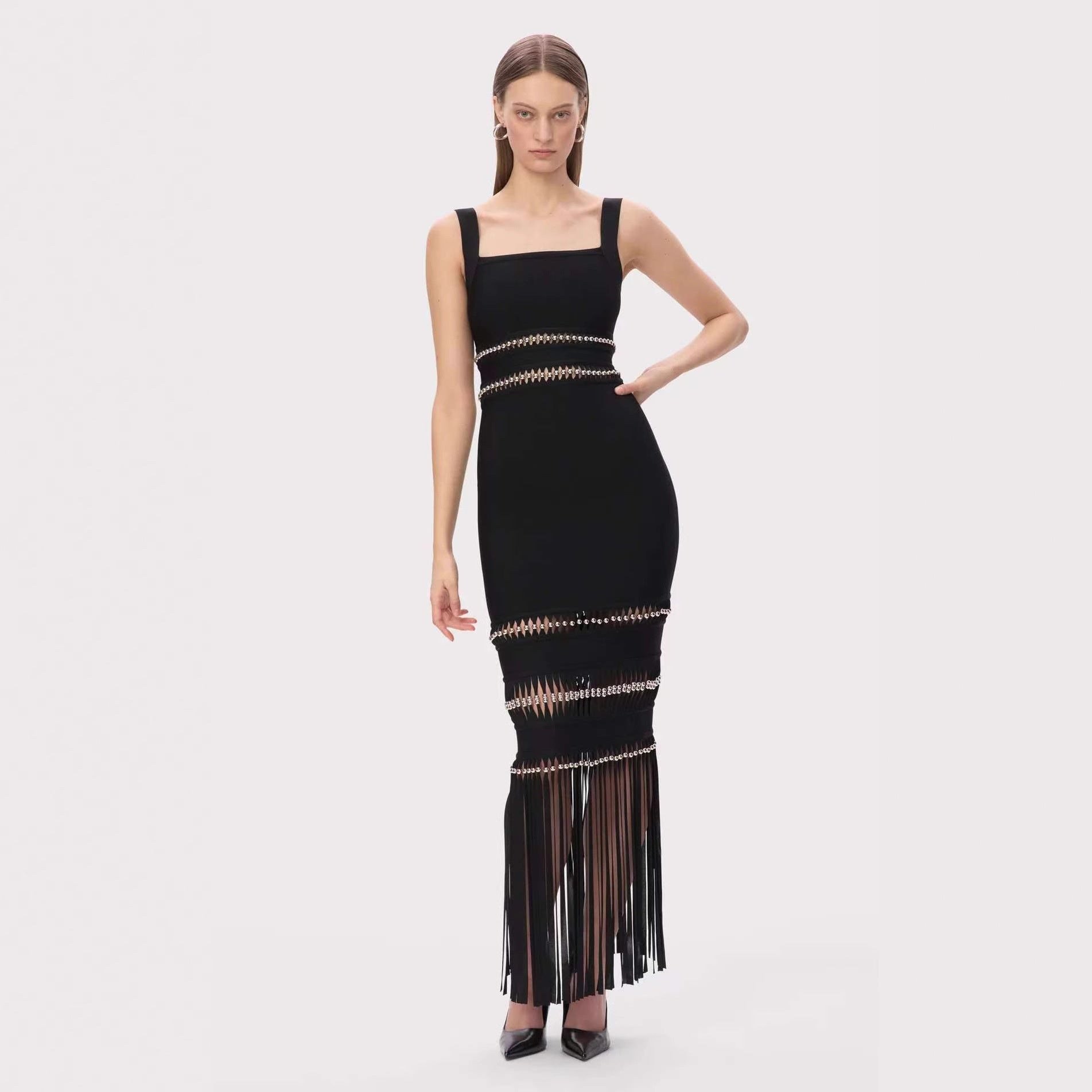 Women’s Sequin Fringe Mermaid Maxi Dress – Square Neck Sleeveless Evening Gown - Styeenigma