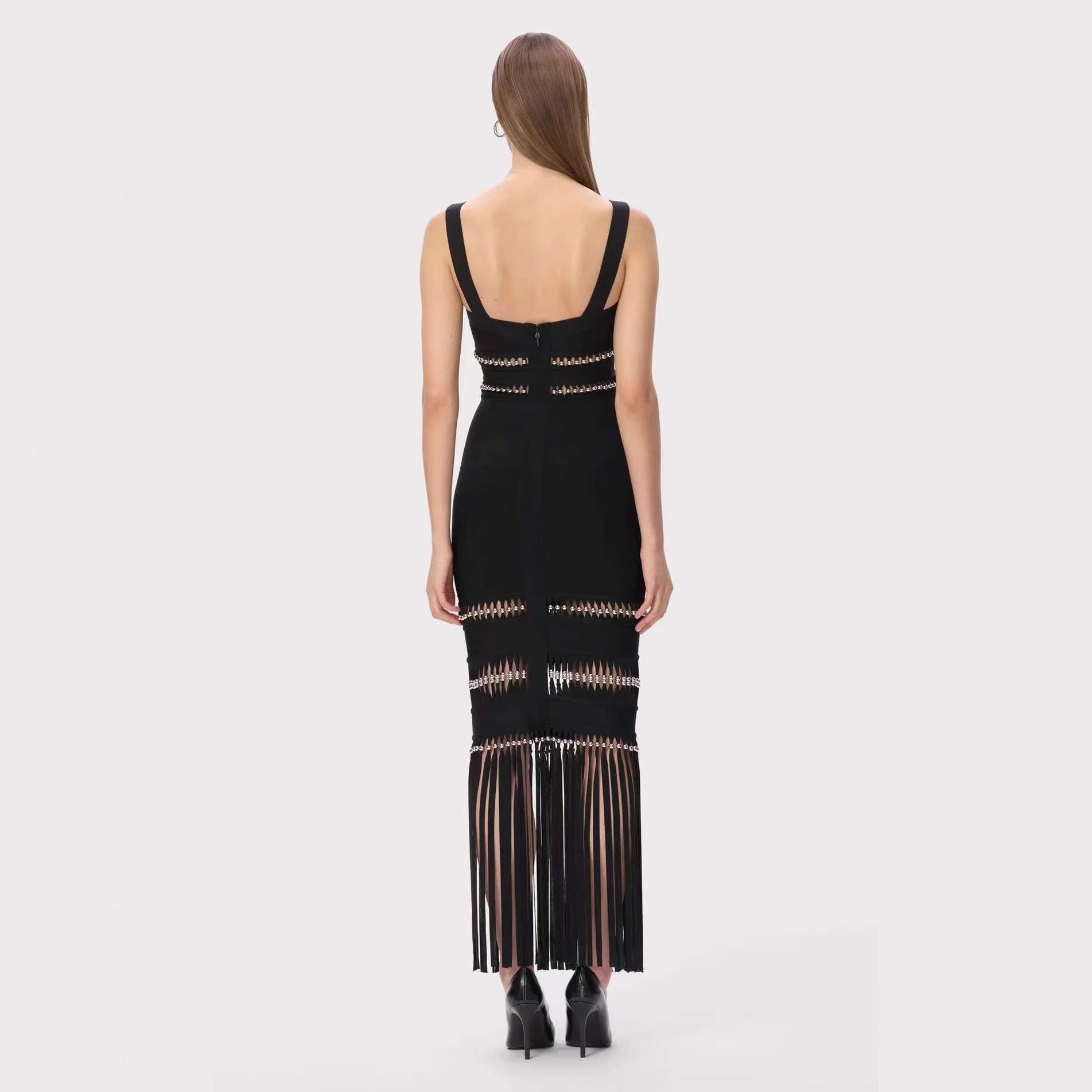 Women’s Sequin Fringe Mermaid Maxi Dress – Square Neck Sleeveless Evening Gown