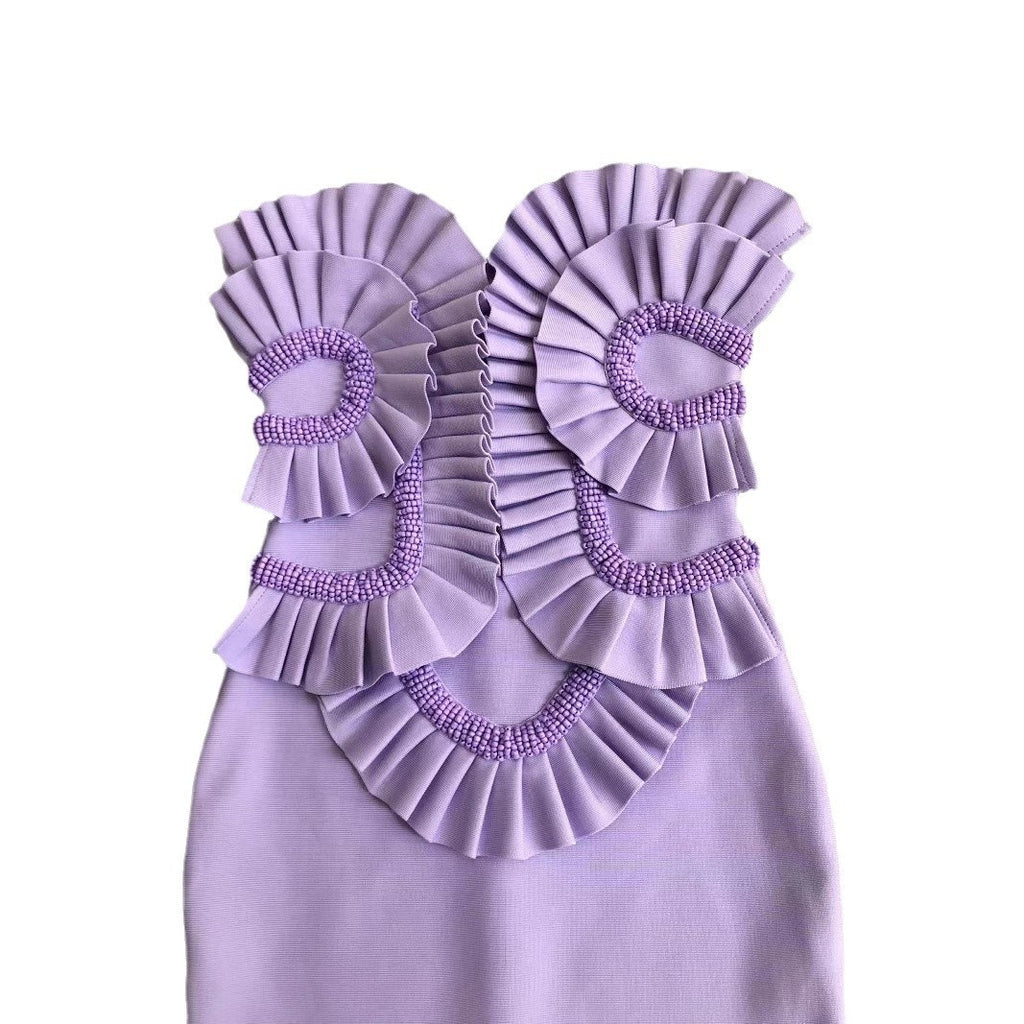 Women’s Elegant Lavender Strapless Satin Midi Dress – Side Slit Evening Gown