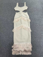 Waist Cut-Out Maxi Dress with Fringe Trim – Sexy Sleeveless Backless Bodycon Gown