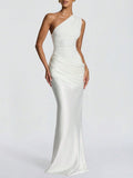 Women's White One Shoulder Ruched Satin Mermaid Maxi Dress - Elegant Evening Gown