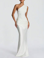Women's White One Shoulder Ruched Satin Mermaid Maxi Dress - Elegant Evening Gown