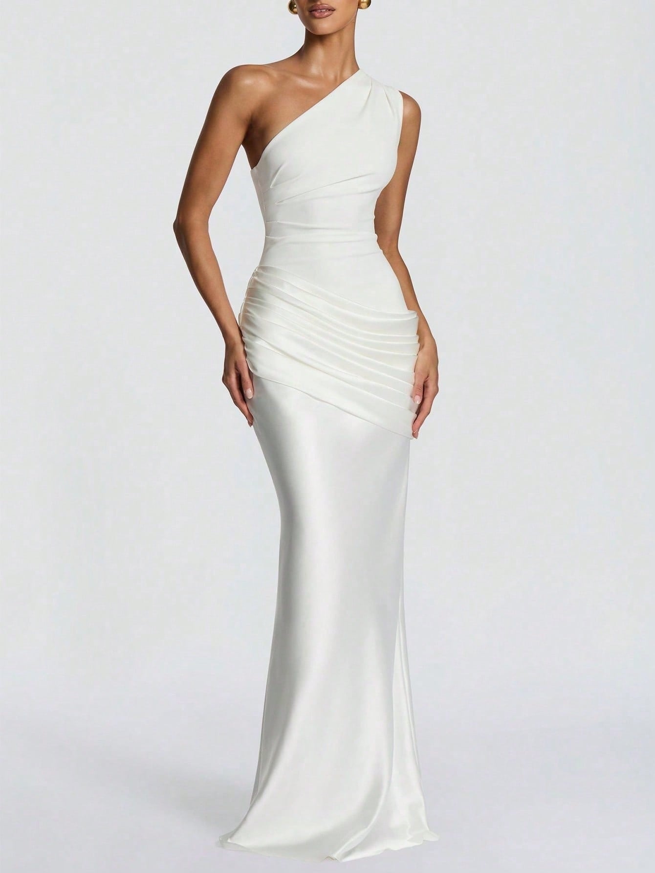 Women's White One Shoulder Ruched Satin Mermaid Maxi Dress - Elegant Evening Gown