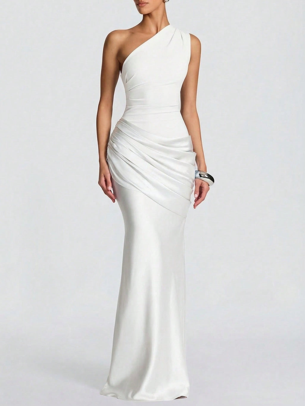 Women's White One Shoulder Ruched Satin Mermaid Maxi Dress - Elegant Evening Gown