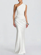 Women's White One Shoulder Ruched Satin Mermaid Maxi Dress - Elegant Evening Gown