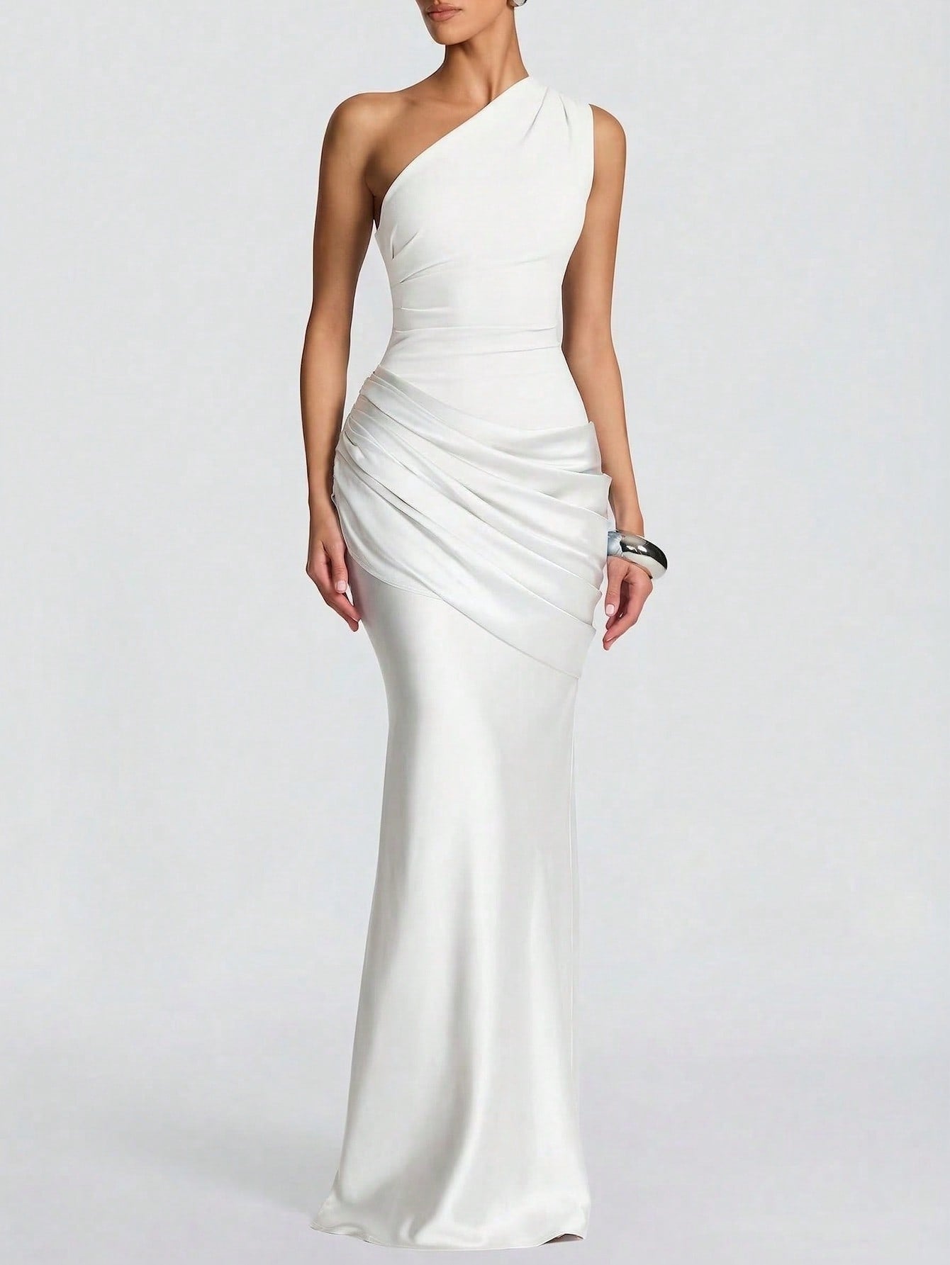 Women's White One Shoulder Ruched Satin Mermaid Maxi Dress - Elegant Evening Gown