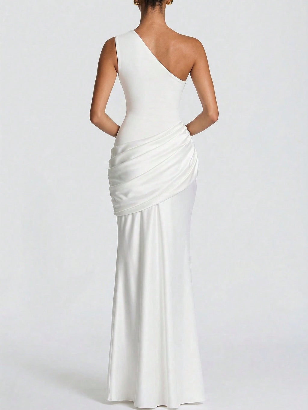 Women's White One Shoulder Ruched Satin Mermaid Maxi Dress - Elegant Evening Gown