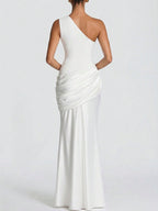 Women's White One Shoulder Ruched Satin Mermaid Maxi Dress - Elegant Evening Gown