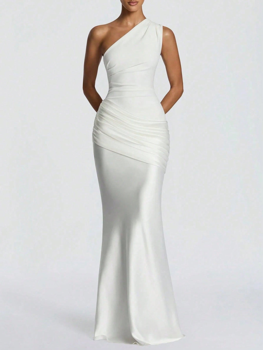 Women's White One Shoulder Ruched Satin Mermaid Maxi Dress - Elegant Evening Gown