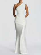 Women's White One Shoulder Ruched Satin Mermaid Maxi Dress - Elegant Evening Gown