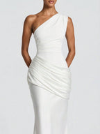 Women's White One Shoulder Ruched Satin Mermaid Maxi Dress - Elegant Evening Gown
