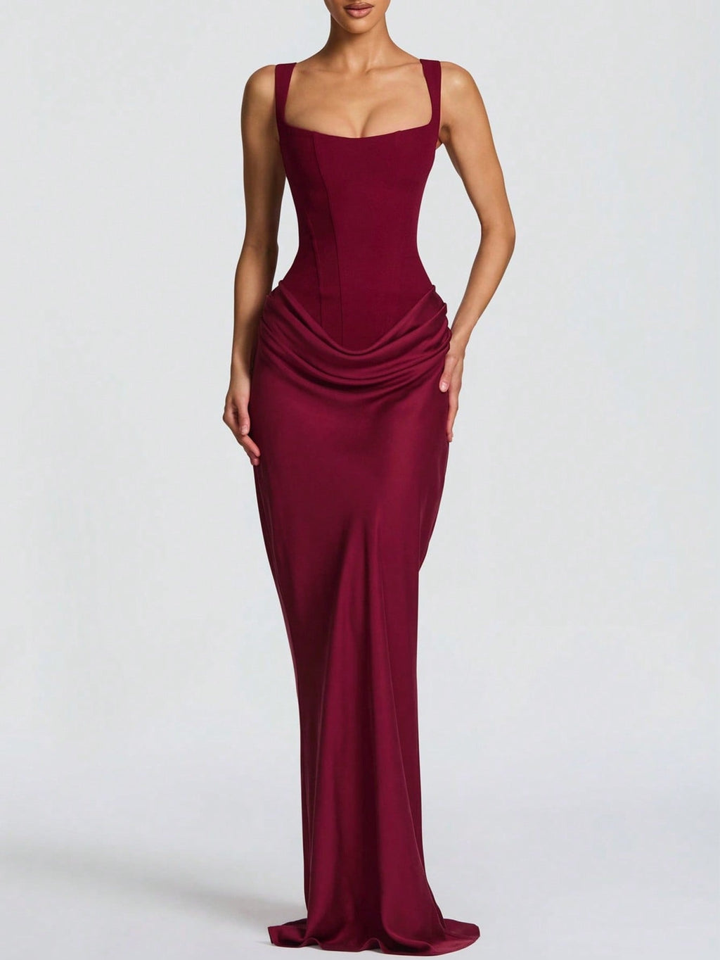 Women’s Burgundy Sleeveless Ruched Satin Mermaid Gown – Elegant Evening Maxi Dress