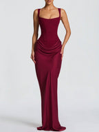 Women’s Burgundy Sleeveless Ruched Satin Mermaid Gown – Elegant Evening Maxi Dress
