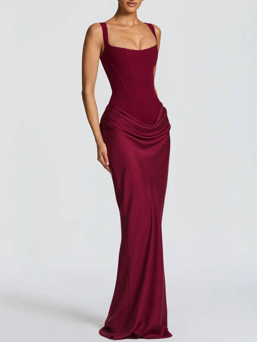Women’s Burgundy Sleeveless Ruched Satin Mermaid Gown – Elegant Evening Maxi Dress