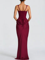 Women’s Burgundy Sleeveless Ruched Satin Mermaid Gown – Elegant Evening Maxi Dress