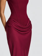 Women’s Burgundy Sleeveless Ruched Satin Mermaid Gown – Elegant Evening Maxi Dress