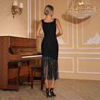 Black Fringe Mermaid Dress – Sexy Latin Dance Gown with Rhinestones & High Slit