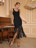 Black Fringe Mermaid Dress – Sexy Latin Dance Gown with Rhinestones & High Slit