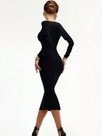 Black Long Sleeve Midi Dress – Elegant Bodycon with Sweetheart Neckline