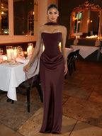 Brown Satin Prom Gown – Elegant Ruched Maxi Dress for Formal Events & Dinner Parties