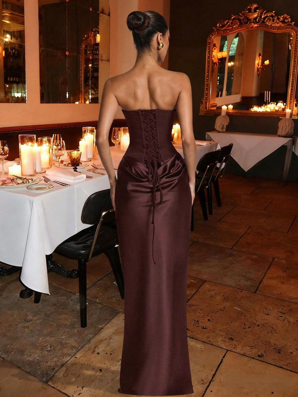 Brown Satin Prom Gown – Elegant Ruched Maxi Dress for Formal Events & Dinner Parties