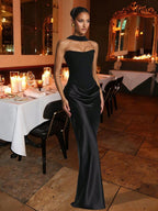 Black Satin Prom Gown – Elegant Ruched Maxi Dress for Formal Events & Dinner Parties