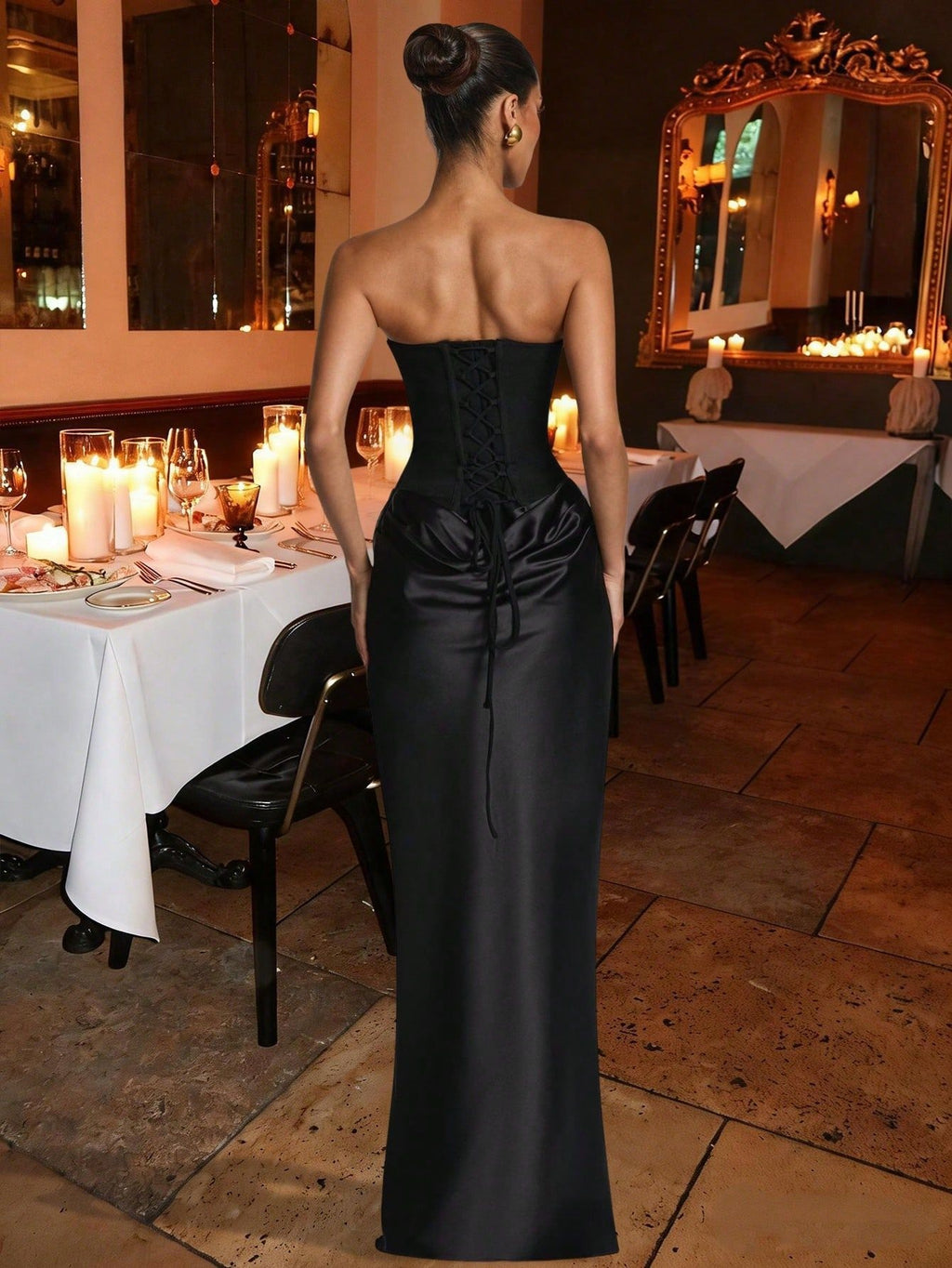 Black Satin Prom Gown – Elegant Ruched Maxi Dress for Formal Events & Dinner Parties