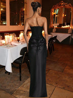 Black Satin Prom Gown – Elegant Ruched Maxi Dress for Formal Events & Dinner Parties