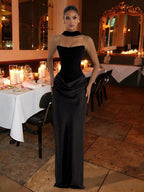 Black Satin Prom Gown – Elegant Ruched Maxi Dress for Formal Events & Dinner Parties