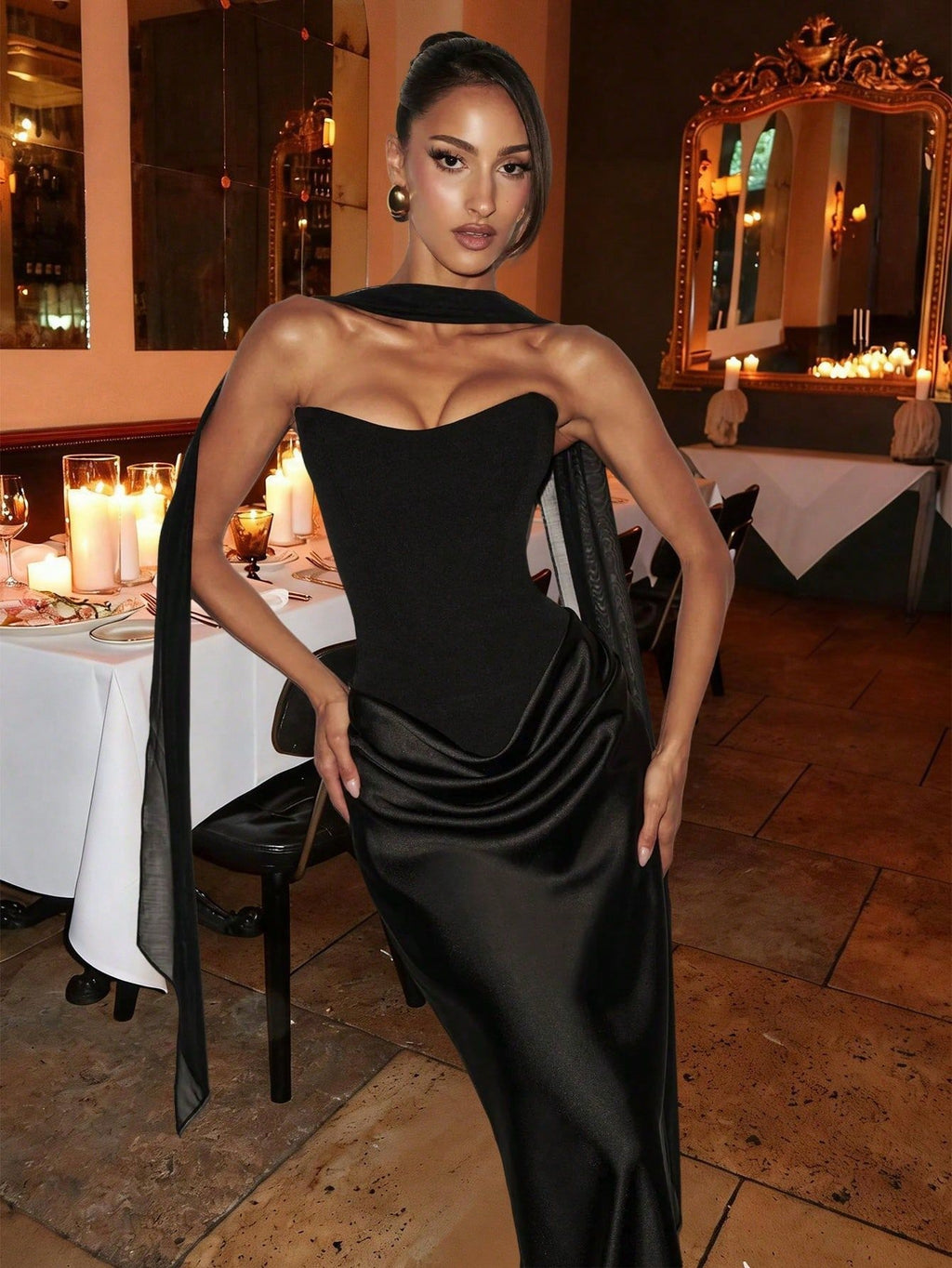 Black Satin Prom Gown – Elegant Ruched Maxi Dress for Formal Events & Dinner Parties
