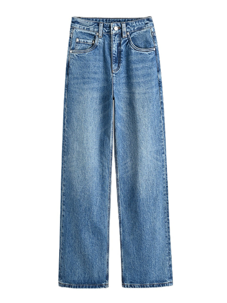Blue High-Waisted Wide-Leg Jeans – Vintage Wash, Casual Loose Fit for Women