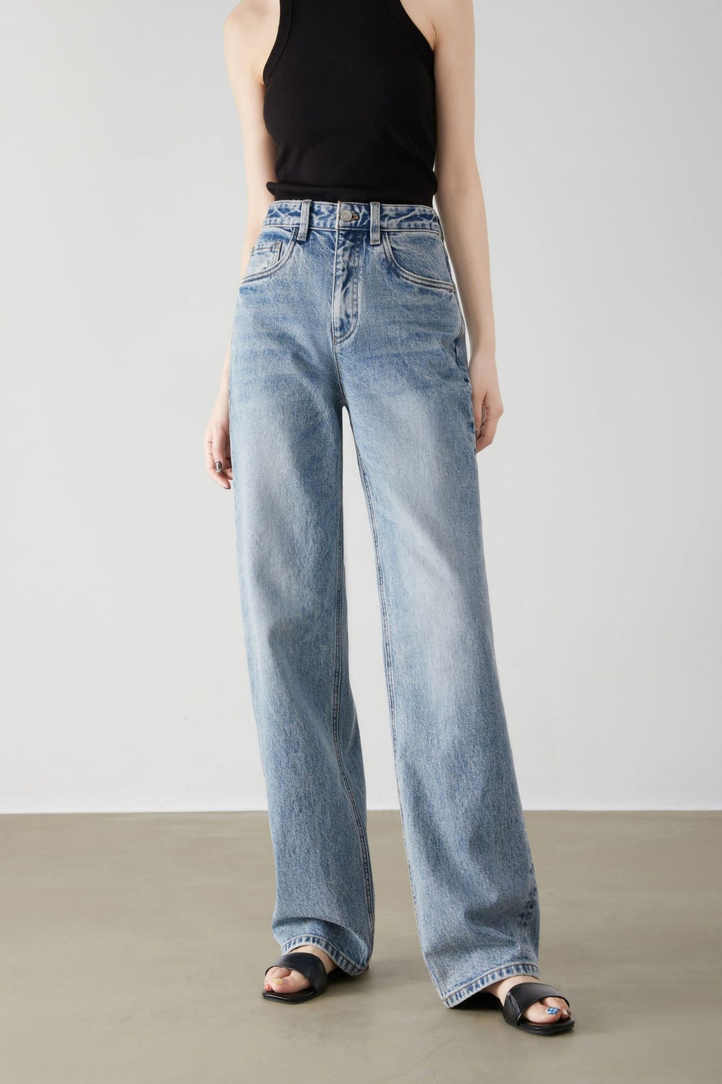 Blue High-Waisted Wide-Leg Jeans – Vintage Wash, Casual Loose Fit for Women