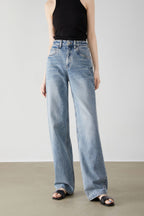 Blue High-Waisted Wide-Leg Jeans – Vintage Wash, Casual Loose Fit for Women