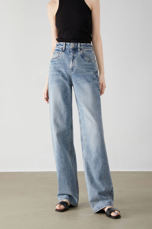 Blue High-Waisted Wide-Leg Jeans – Vintage Wash, Casual Loose Fit for Women - Styeenigma