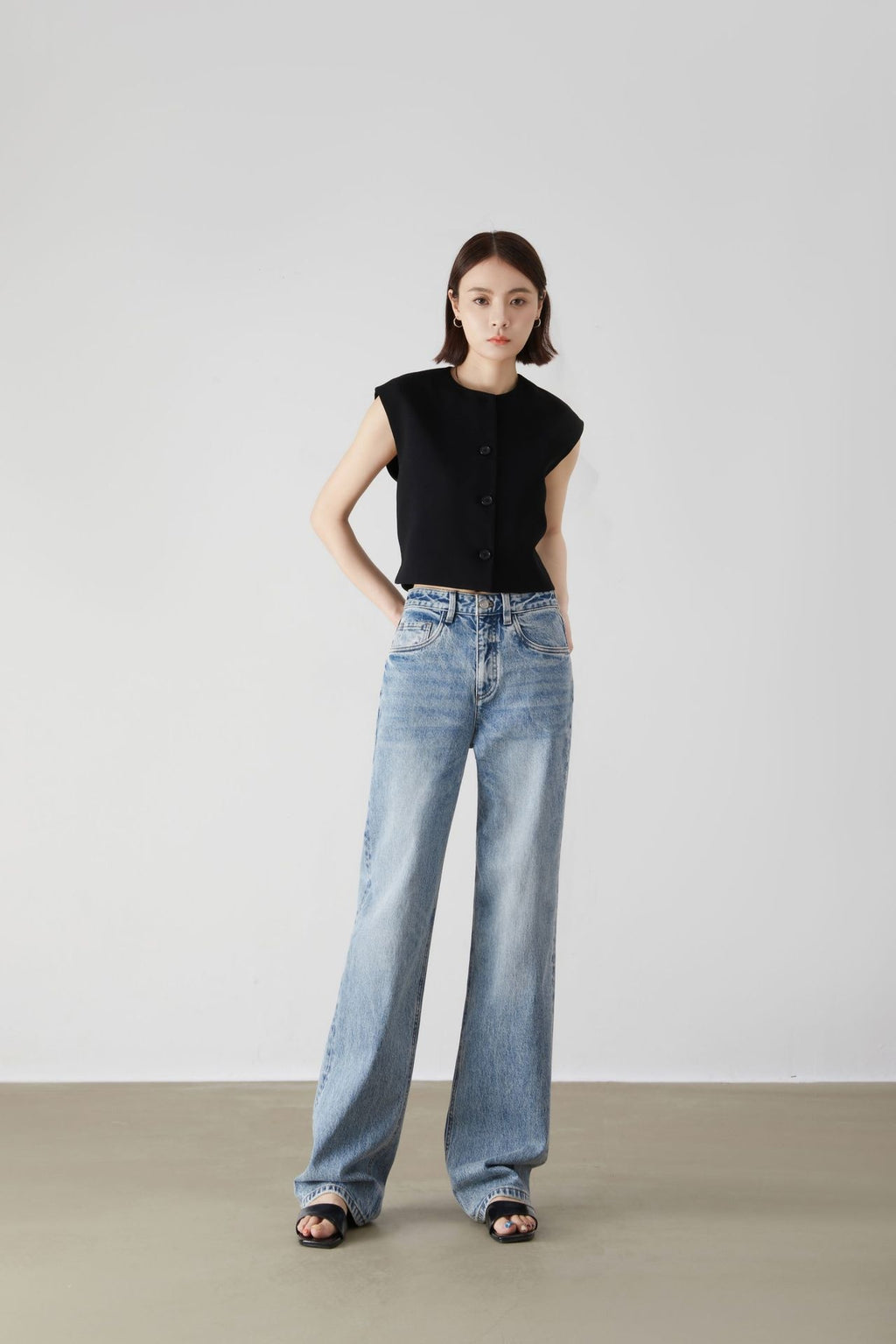 Blue High-Waisted Wide-Leg Jeans – Vintage Wash, Casual Loose Fit for Women