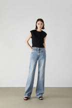 Blue High-Waisted Wide-Leg Jeans – Vintage Wash, Casual Loose Fit for Women