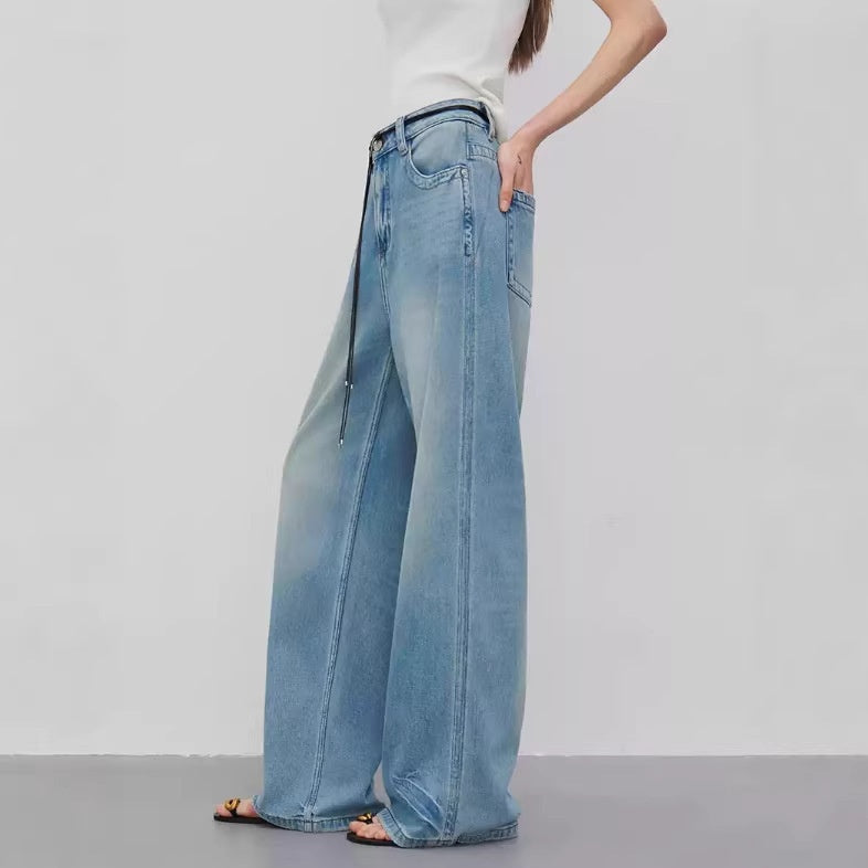 Oversized Wide-Leg Jeans – Light Blue Gradient, Drawstring Waist & Relaxed Fit
