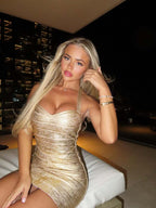 Gold Metallic Halter Mini Dress – Bodycon Party Gown