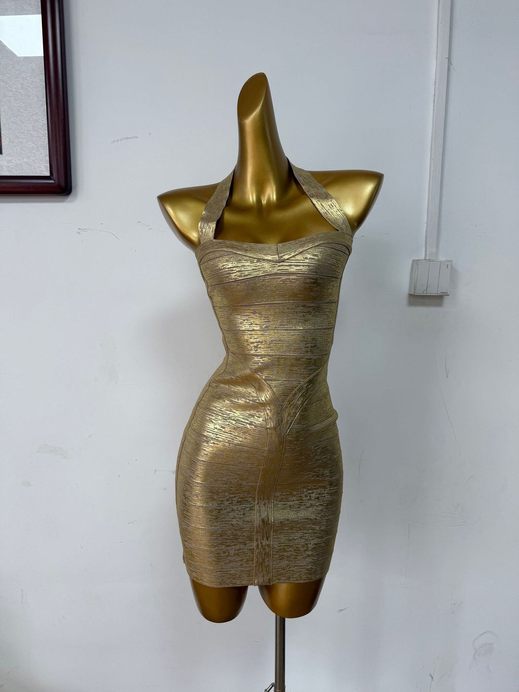 Gold Metallic Halter Mini Dress – Bodycon Party Gown