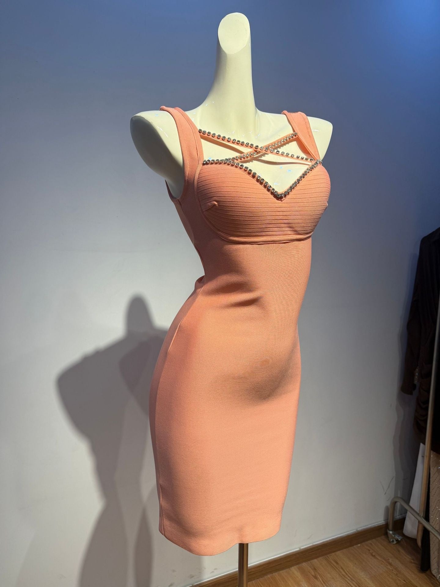 Coral Bandage Dress with Rhinestone Cutout – Stretchy Bodycon Party Gown