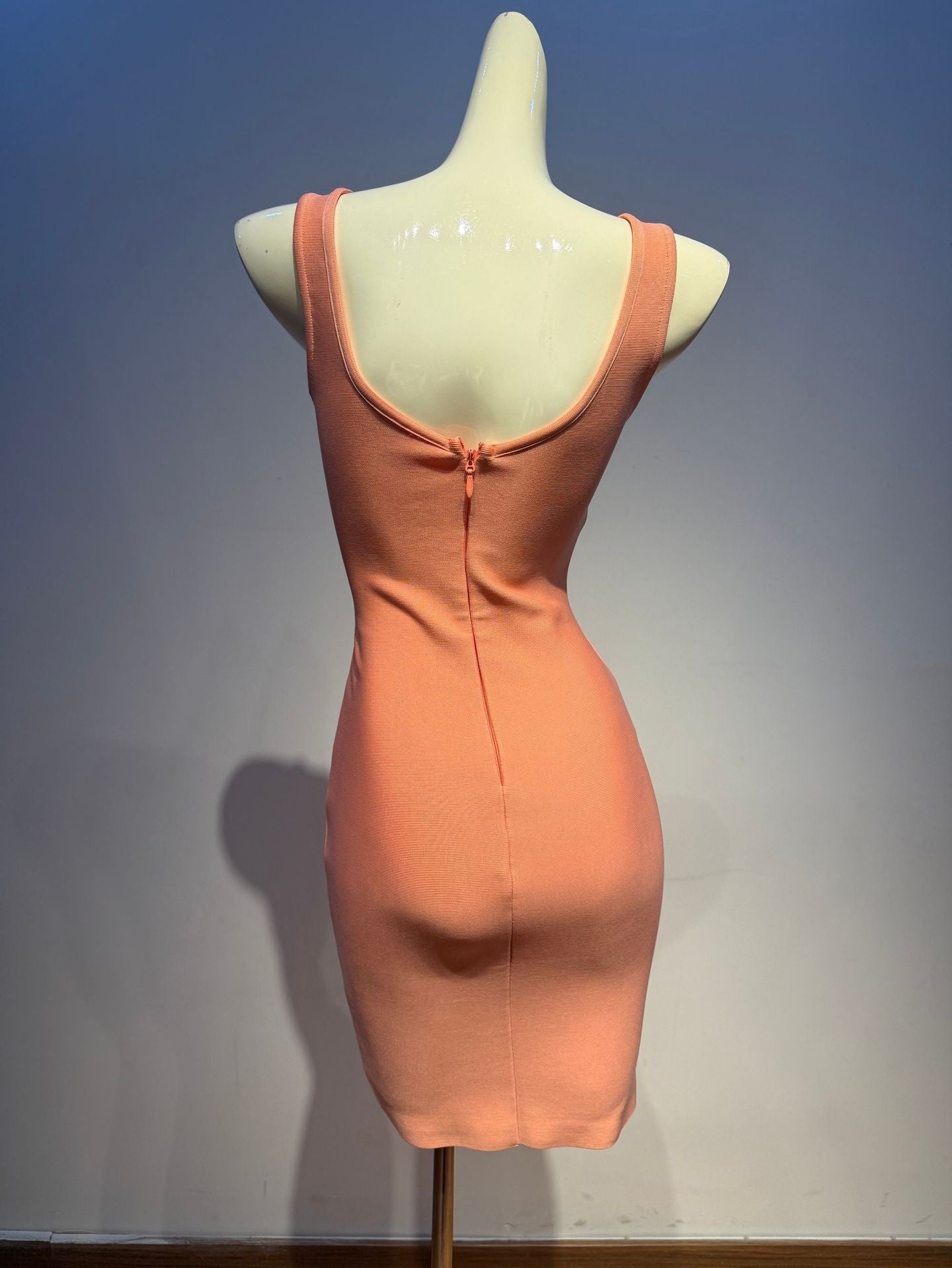 Coral Bandage Dress with Rhinestone Cutout – Stretchy Bodycon Party Gown