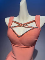Coral Bandage Dress with Rhinestone Cutout – Stretchy Bodycon Party Gown