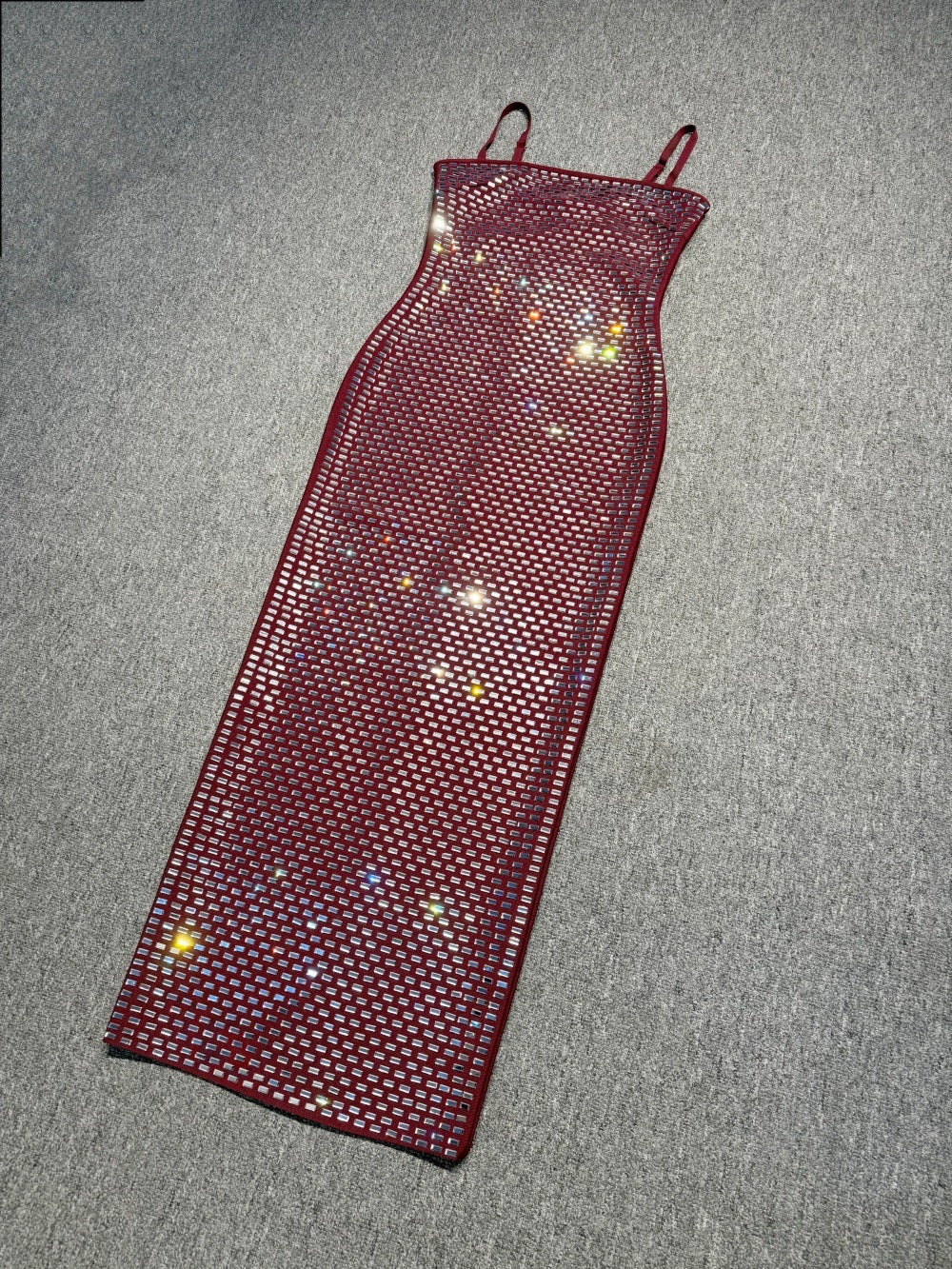 Burgundy Sequin Spaghetti Strap Bodycon Midi Dress